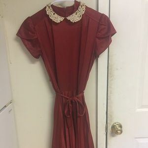 Peter Pan Lace Collar Pleated Vintage Sash Dress
